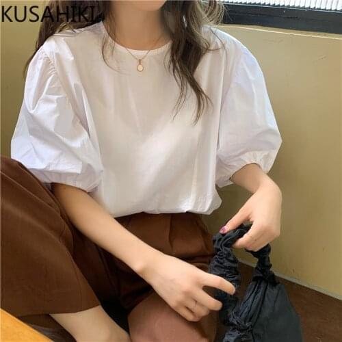 KUSAHIKI Causal Puff Sleeve O-neck Blouse Shirt Korean Solid Pullover Tops 2021 Summer Fashion Blusas Mujer De Moda 6G573