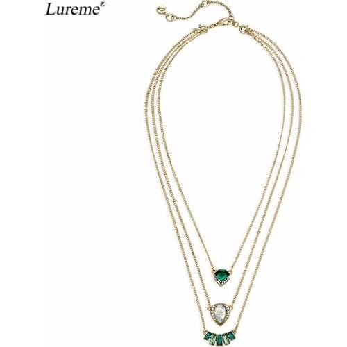 Lureme Gold Tone Multilayer Mysterious Dark Green Stones Pendants 3 Lines Necklace (nl005811)