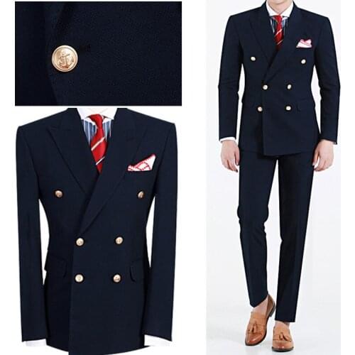 Custom Made Mens Suits Navy Blue Blazer Double Breasted Groom Tuxedos Slim Fit Men Wedding Prom Party Suit (Jacket+Pants)