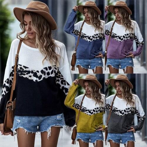 2020 Autumn New Style Long-Sleeved T-shirt Womens Knit Sweater Leopard Print Contrasting Color Panel O Neck Loose Top