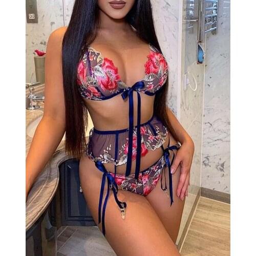 New Sexy Women Floral Embroidery Lingerie Sets with Ribbon Deep V-neck Underwear Female Sheer Mesh Bra Panties S-XL