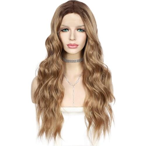 Lace Front Ombre Blonde Brown Long Natural Wave T-Part Synthetic Wig Cosplay Party Daily Wear Wig for Women Heat Resistant Fiber