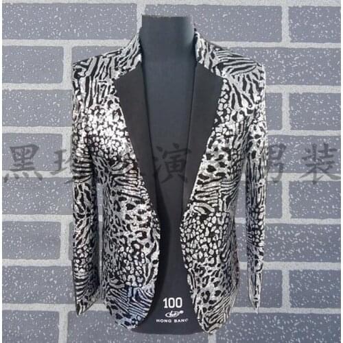 Silver Men Leopard Print Suits Designs Stage Costumes For Singers Men Sequin Blazer Dance Clothes Jacket Star Style Dress Punk
