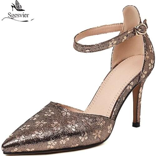 Sgesvier Womens Strap Sandals Thin Heel 2021 Summer Fashion Female Pointed toe Cover Heel Ladies sandals Designs Gold Silver