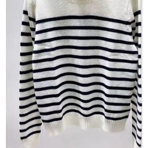 Long Sleeve O Neck Contrast Stripe Knitted Sweater Top With Buttoned Shoulder - 2021Newest Knitted Pullover