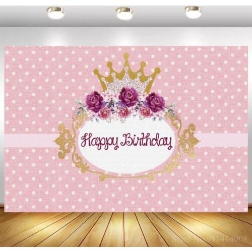 White Dots Pink Flowers Frame Golden Crown Happy Birthday Girl Photo Background Dinner Table Decor Backdrop For Photography
