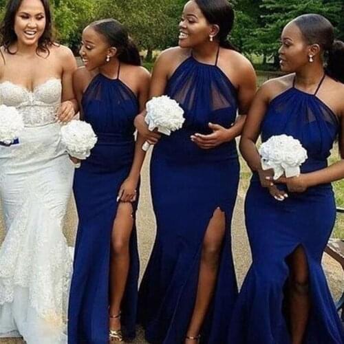 Custom Made Simple Cheap Halter Royal Blue Mermaid High Slit Bridal Dress Bridesmaid Dresses New