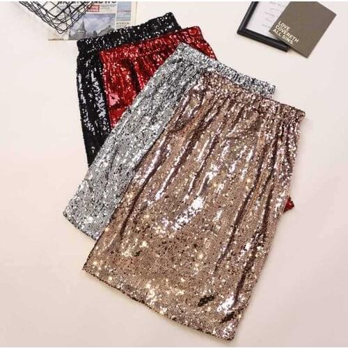 Women Shiny Sequin Skirt Sexy High Waist Glitter Silver Gold Stretchy Pencil Skirts Ladies Knee Length Party Club Midi Skirt