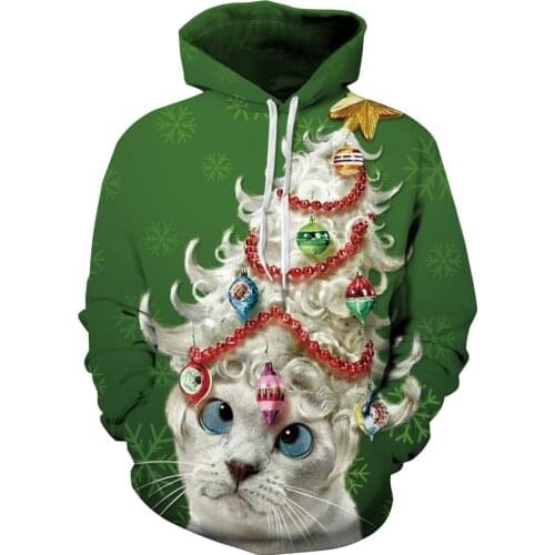 Women/Men Sport Hoodies Christmas Cat Print Snow Sweatshirt Sportwear Autumn Winter Tops Running Pullover Cycling Hooded Sweater