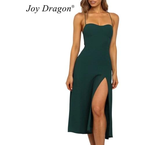 Camisole Party Dress Low Cut Backless Slit Elasticised Waist Summer Dresses Slim Fit Solid Sleeveless Bandage Mid Length Dres