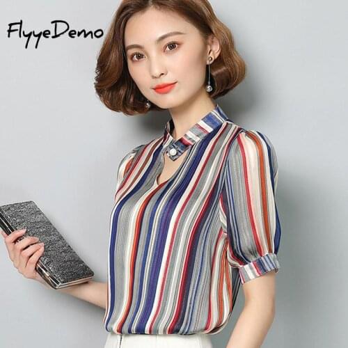 11 Styles Women Puff Sleeves Blouse 2020 Summer Stand Neck Sexy Hollow Out Striped Shirt Office Lady Tops Vintage Women Pullover