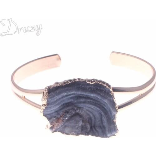 Druzy Gem Semi Precious Stone Beads Bracelet Unisex Inspired Open Cuff Bangles Natural Milky Way Stone Crystal Gold Color Bangle