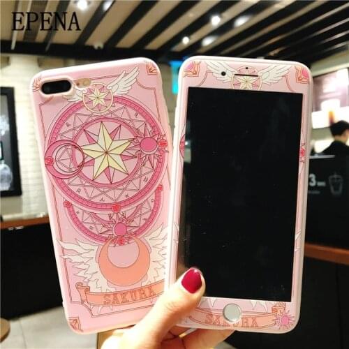 Case For iphone 12 11 pro 7 8 6 6s Plus Cute Cartoon Sakura phone Cover+Tempered Glass Screen Protector Case for SE2 X XR XS Max