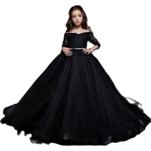 Black Flower Girl Dresses A Line Bateau Long Sleeve Sweep Train Girls Pageant Gowns With Lace Tulle For Wedding Party