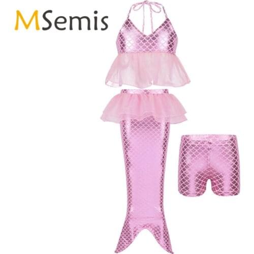 3Pcs Childrens Gymnastic Swimsuit Kids Girls Mermaid Shiny Ruffled Halter Tops with Shorts Tail Bikini Swimsuit Bathing Suit