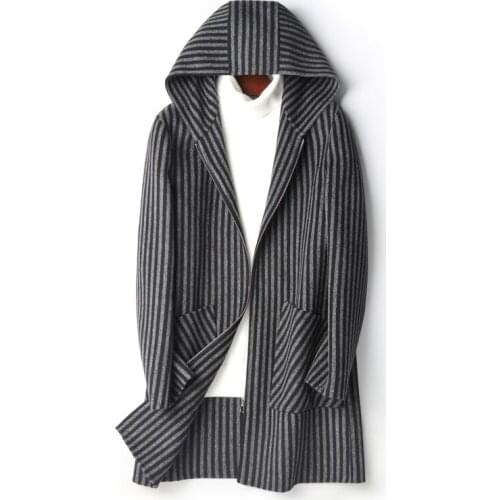 YOLANFAIRY Autumn Winter Double Sided Wool Coats Top Quality Warm Hooded Striped Long Jackets casaco D-04-19525 MF642