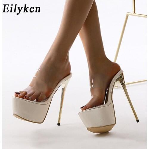 Eilyken Platform Women Thin High Heels Slippers 2021 Summer Sexy PVC Transparent Shoes Club Stripper Party Dress Sandals White
