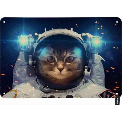 HOSNYE Fun Space Cat Tin Logo Modern American Space Suit and Space Hat Retro Metal Tin Logo Men and Women Wall Art Decoration