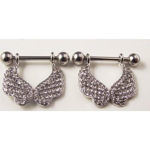 2 piece 14G 316L Stainless Steel Clear Crystal Nipple ring Angle Wing Nipple Shield Barbell Ring Free Shipping