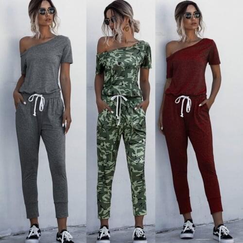 Fashion Women Summer Solid Jumpsuits Casual Oblique Collar Drawstring Lace Up Pockets Short Sleeve Mid Waist Slim Long Playsuits