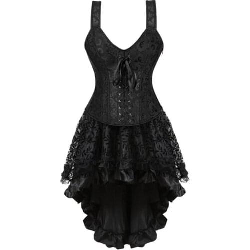 Sexy Zipper Shoulder Straps Corsets For Women Plus Size Costume Overbust Corset And Skirt Set Corselet Burlesque Gothic Gowns