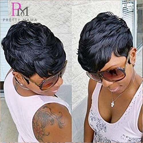 Short Wavy Brazilian Remy Hair Cheap Pixie Cut Wig Natural Black Color Machine Made Human Hair Wigs for Black Women Pretty Ma Ma