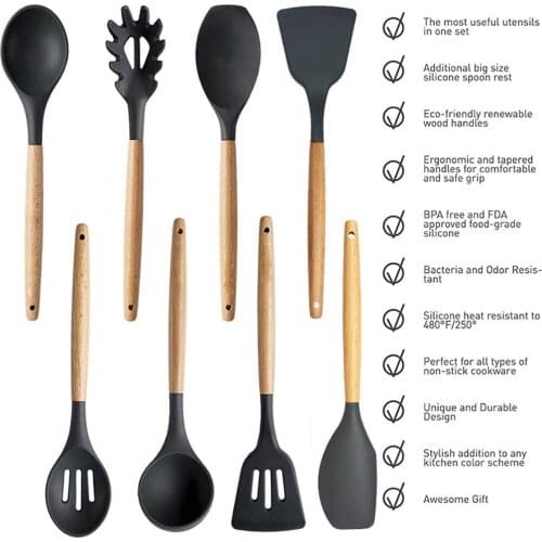 Cooking Utensil Assorted Wood Handle Non-stick Silicone Cookware Kitchen Utensil Restaurant Kitchen Tableware Cooking Tool
