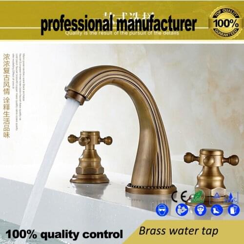 European Style Copper Hot And Cold Basin Faucet Antique Three-Hole Wash Tap Bathroom Copper Basin Faucet