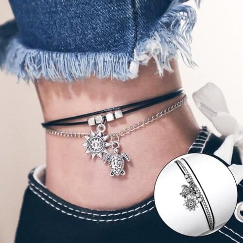 Multi Layers Anklets Women Retro Sun Turtle Pendant Foot Jewelry Barefoot Sandals Ankle Bracelet On Leg Fashion Jewelry Dropship