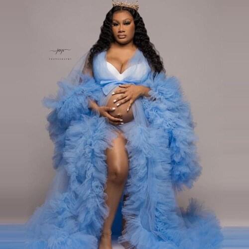 Sky Blue Fashion Ruffles Tulle Pregnant Woman Dresses To Photo-shoot See Thru Long Tulle Robe Ruffles Long Puff Sleeves Vestidos
