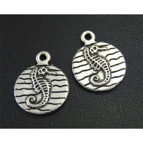 10pcs Silver Color Sea Horse Sea Creature Round Charm Fit Bracelets Necklance DIY Metal Jewelry Making 15x19mm A1860