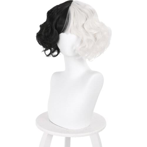 Movie Cruella de Vil Cruella Wig Emma Stone Short Black White and Black Brown Curly Synthetic Hair Cosplay Wigs
