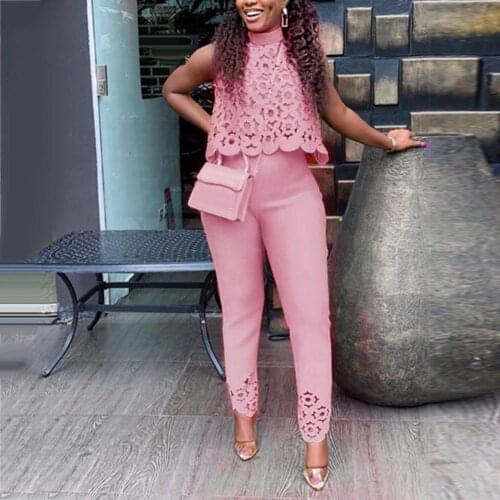 Casual Women Lace Hollow Sleeveless Crop Top Shirt Pants Office Outfit Suit Elegant Skinny Set