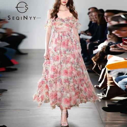 SEQINYY Bohemian Dress Spaghetti Strap Summer Spring New Fashion Design Mesh Pink Flower Print Women Party A-Line Midi