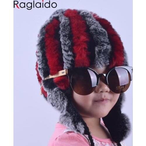 Raglaido Baby hat Winter Girls Snow Hats real rabbit fur hat Knitted Beanie Caps Accessories Warm Bomber Ears Child Hat LQ11178