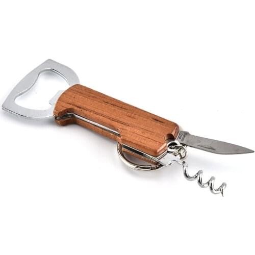 Creative Keychain Beer Opener Stainless Steel Multifunctional Wooden Handle Opener