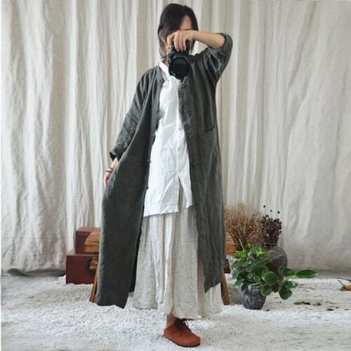 Spring Autumn Trench Coat Hand-made Button Buckle Single-breasted coat Thickened Ladies Ramie Chinese Cardigan Windbreaker Q156