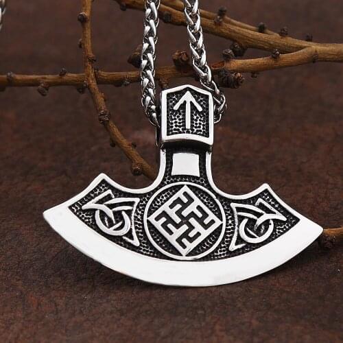 Vintage Stainless Steel Viking Axe Pendant Necklace Men Nordic Celtics Knot Trinity Necklace Biker Amulet Viking Accessories