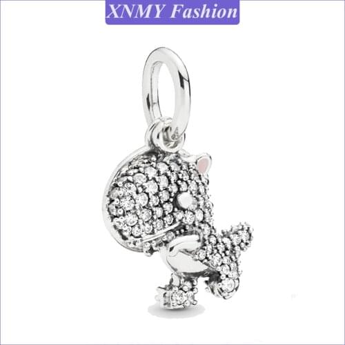 XNMY Original Silver Color Beads Pave Dinosaur Dangle Charms Fit European Pandora Bracelets for Women Jewelry Making Gift