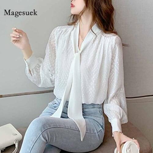 Loose Elegant Bow V-neck Shirt Women Chiffon Blouse Autumn Korean Long Sleeve Top Office Blouses Women Casual Blusas Mujer 11547