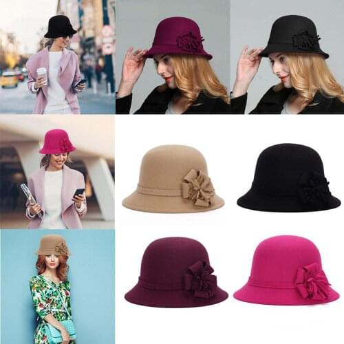 Womens Wool Felt Cap Flowers Church Bowler Hats Retro Ladies Felt Cap For Parties Trade Fairs Bowler Hat Cloche Retro Felt