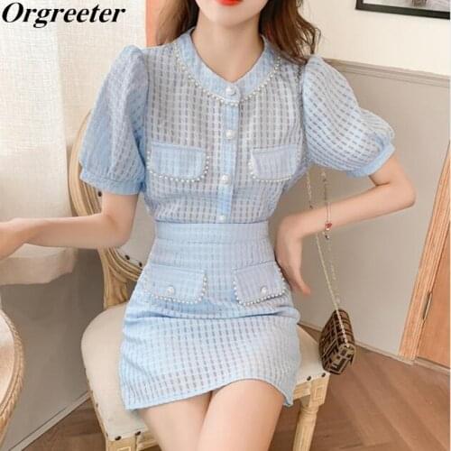 Sweet White/Blue/Yellow Beaded Plaid Skirt Suits Women Short Sleeve Pearl Button Cropped Tops Mini Skirt 2 Piece Sets Female