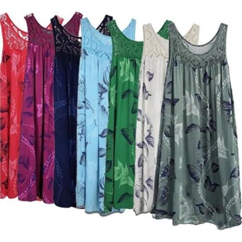 70% Hot Sell Fashion Loose Floral Printed Lace Stitching O-Neck Sleeveless Women Summer Loose Dress for Summer Vacation