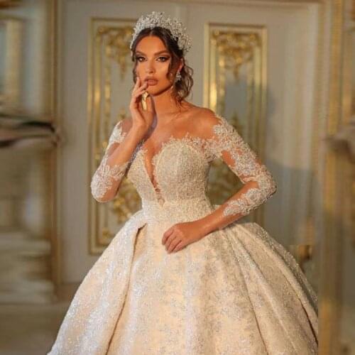 Vintage Lace Appliques Wedding Dresses Saudi Arabia Sheer Neck Long Sleeves Vestido De Novia Lace Up Back Bridal Gowns 2021