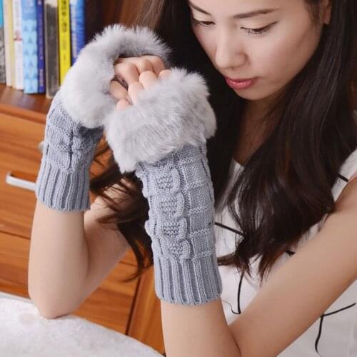 1Pair Winter Women Gloves Plush Faux Fur Knitting Wool Keep Warm Mitten Fingerless Lady Girl Half Finger Gloves Christmas Gift