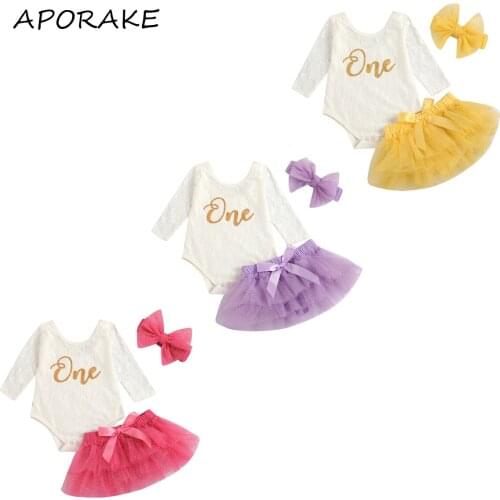 2021 9-18M Baby Girl Clothes Set ONE Letter Print Flower Lace Long Sleeve Romper+Bow Dot Tulle Layered Skirt Birthday Party 3pcs