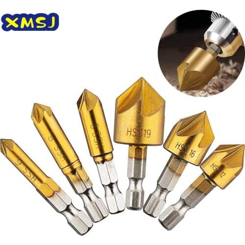 6 Pcs Countersink Drill Bit Set 1/4'' Hex Shank HSS 5 Flute Countersink 90 Degree Wood Chamfering Cutter Chamfer 6mm-19mm