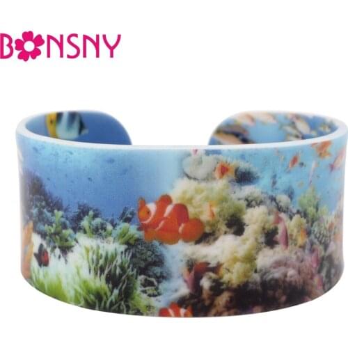 Bonsny Statement Acrylic Fish Coral Pattern Wide Bracelets Bangles Lightweight Jewelry For Women New Ocean Collection Bijoux