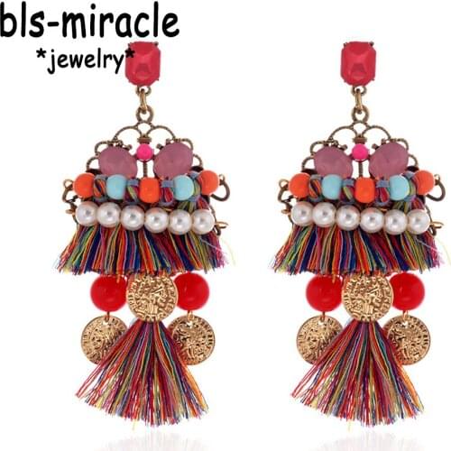 Bls-miracle Bohemia Crystal Earrings Colorful Tassel Pearl Beads Dangle Drop Earring Statement Collier Femme Jewelry Gift E463
