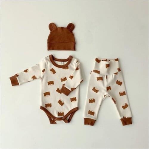 Newborn Infant Baby Girls Boys Spring Autumn Cartoon Bear Clothes Sets Long Sleeve Bodysuits + Elastic Pants + Hat 3Pcs Outfits